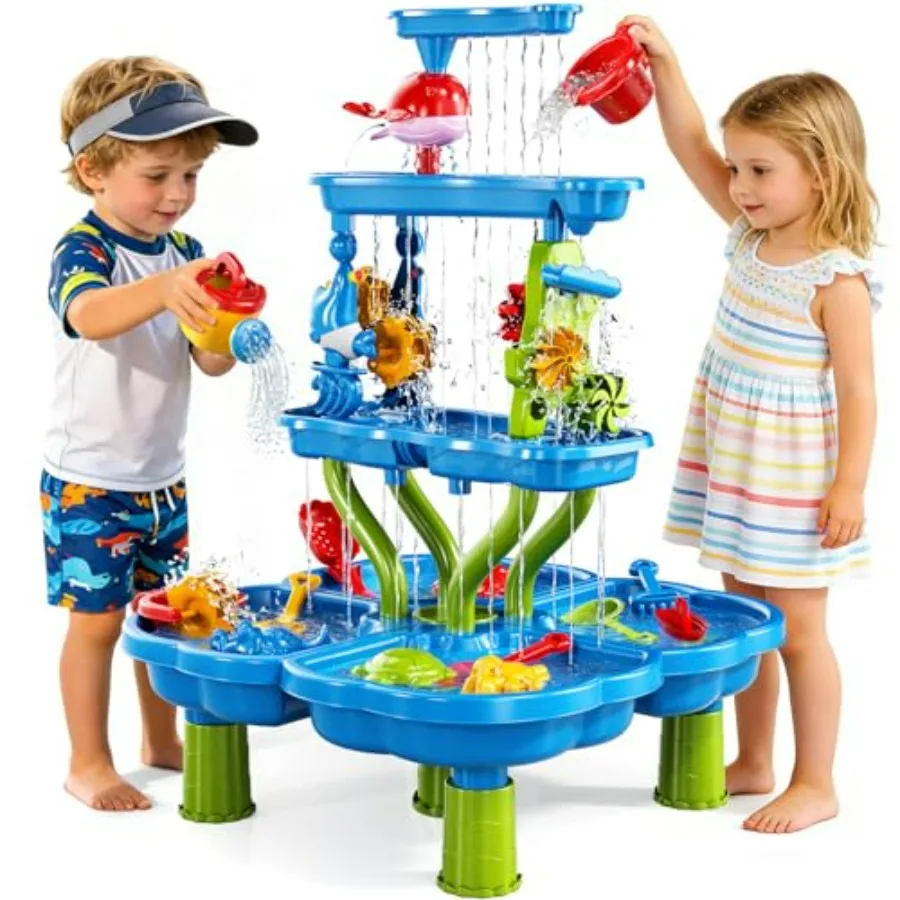 Outdoor indoor sand water table for toddlers 18 months+, 4-tier plastic playset in blue and yellow, splash-proof design with 12