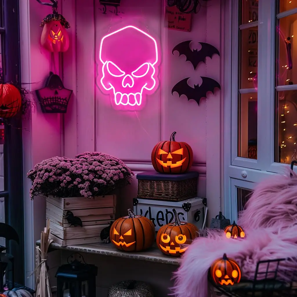 Luce al neon rosa con teschio da ragazza - LED USB dimmerabile |   Simpatica decorazione spaventosa di Halloween per la cameretta delle ragazze |   Luci notturne moderne da parete con teschio