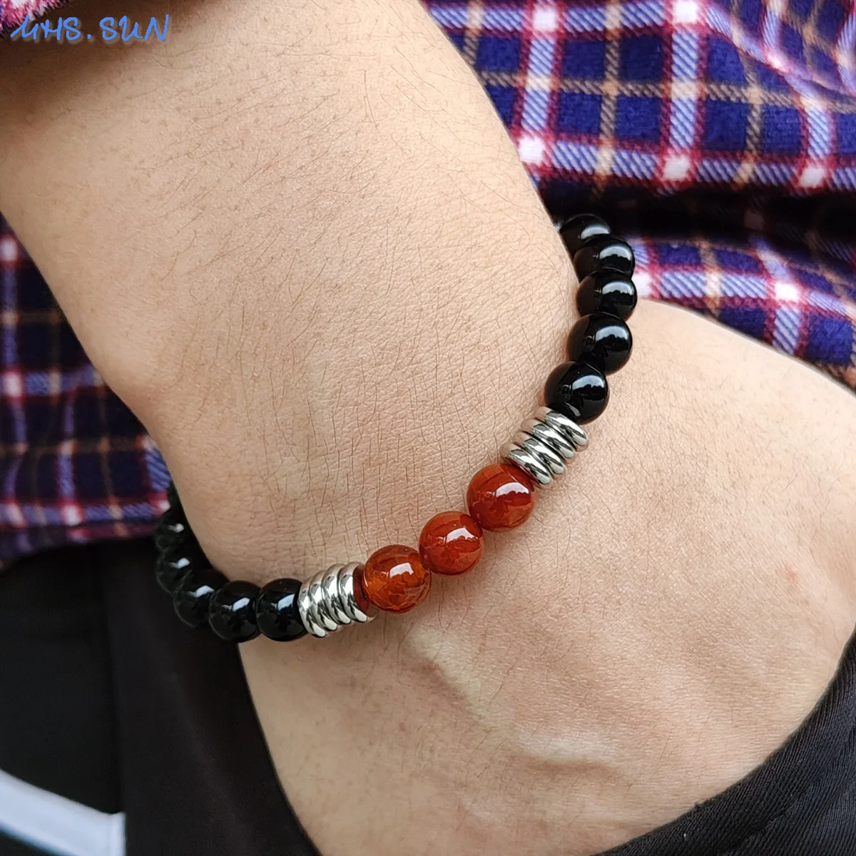 MHS.SUN Fashion Black 8MM Beads Stretch Bracelet Healing Red Natural Agates Stone Crystal Bracelet Handmade Stretch Jewelry