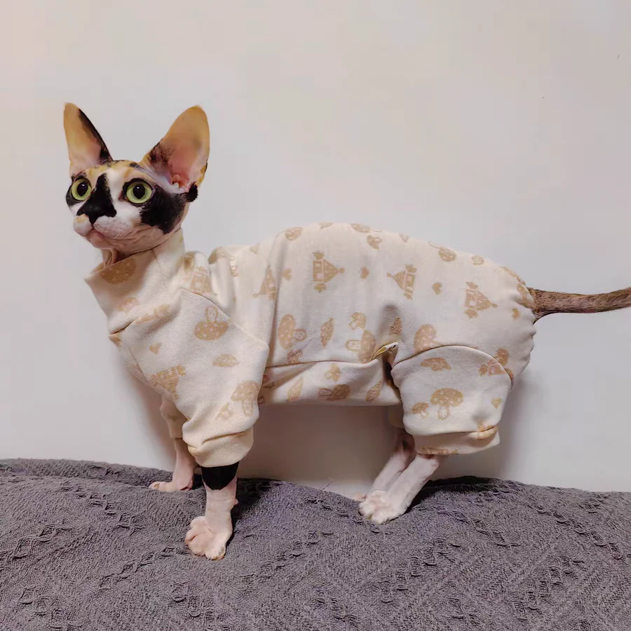 Sphynx Cat Cotton Coat in Spring Autumn Soft Beige Cartoon Long Sleeves T-Shirt for Kittens Loungewear elestic For Devon Rex