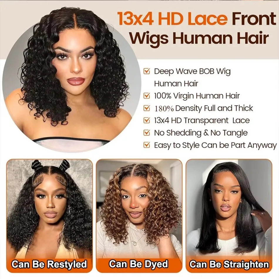 بوب شعر مستعار موجة عميقة 13X6 Hd الدانتيل الجبهة باروكة من شعر طبيعي 220 الكثافة 100% شعر الإنسان للنساء قبل قطعها خصلات الشعر المستعار البرازيلي 16 بوصة #5