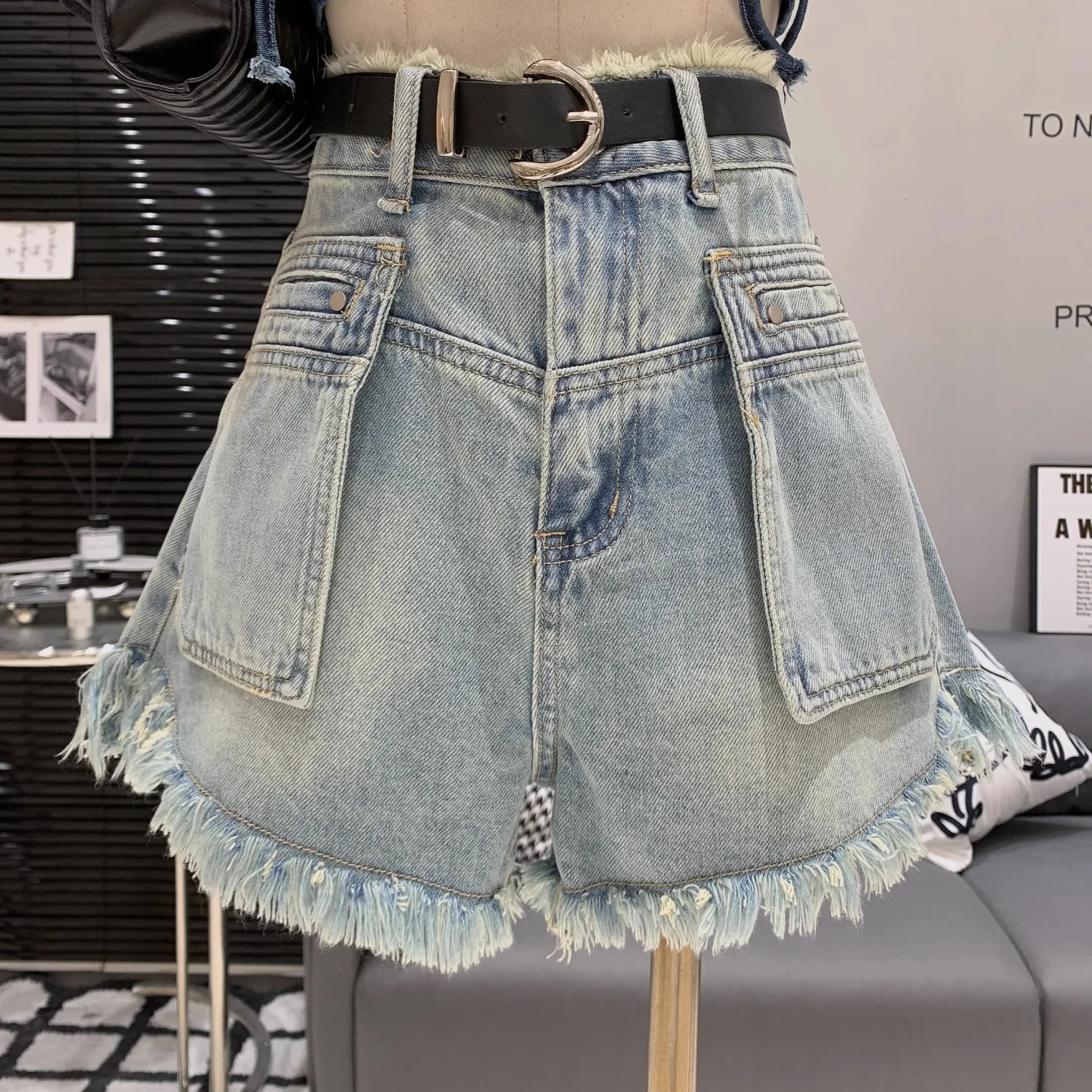 Korean summer new style tassel ruffled high waisted denim shorts for women's loose A-line wide leg pants hot pants