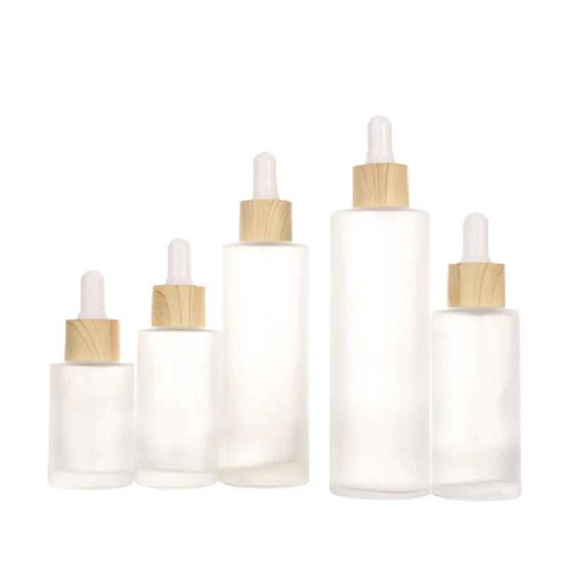 10Pcs Cosmetic Essential Oil Bottles with Dropper Pipette 20ml~100ml Perfume Serum Frosted Glass Dropper Bottle False Wooden Lid