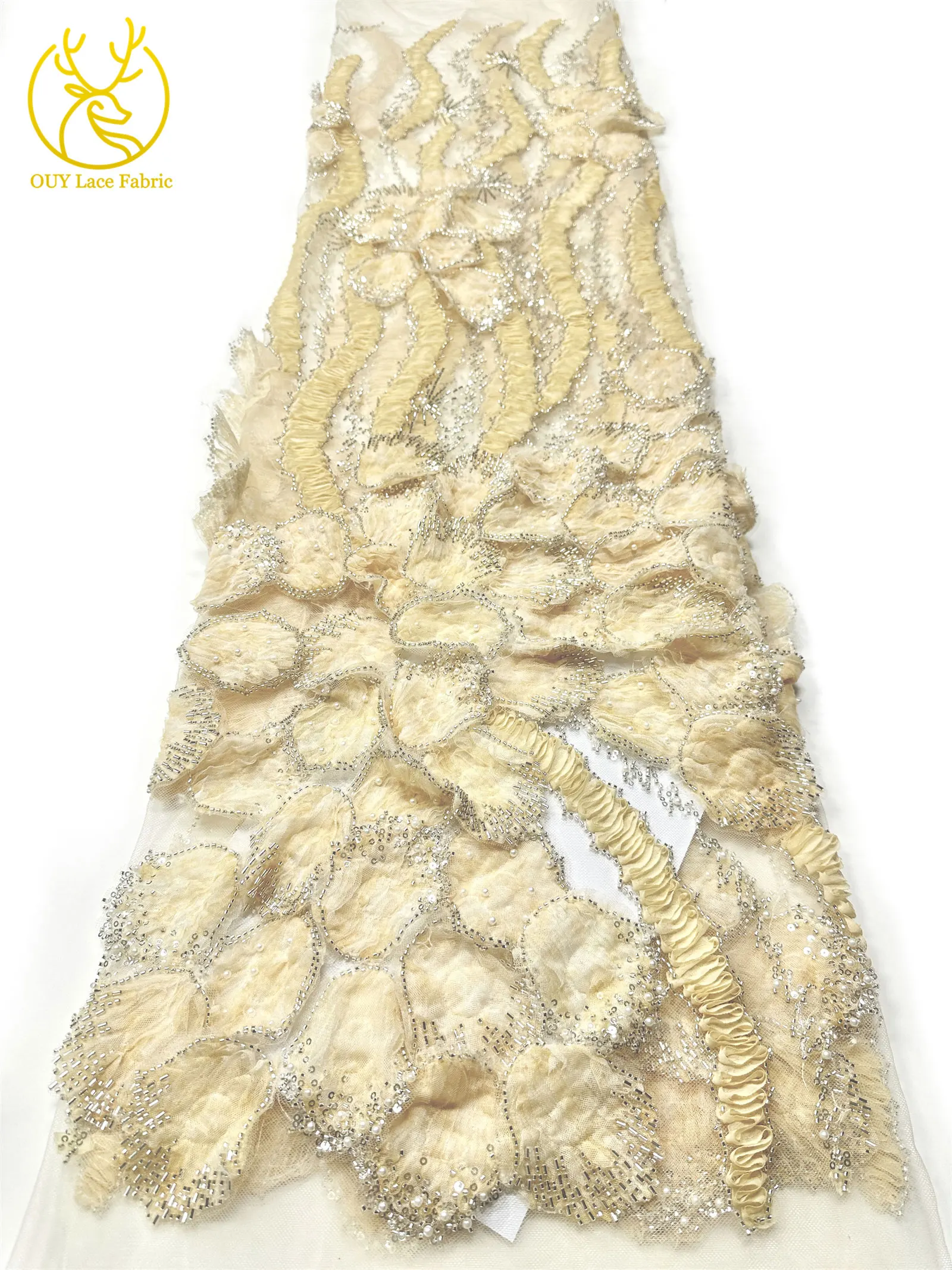 3D Mode Französisches Hochzeitskleid Mesh-Stickerei Pailletten Spitzenstoff Afrikanischer Nigerianischer Perlen-Spitzenstoff Brautkleid Partykleid – Detail 10