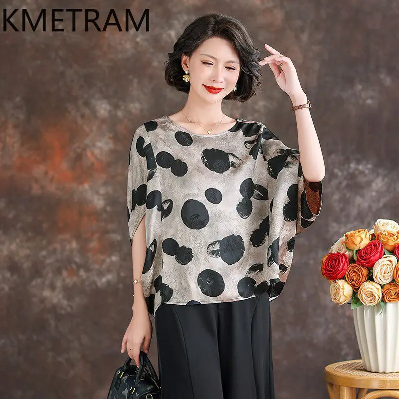 KMETRAM 90% Mulberry Silk Women Blouse 2026 Spring Loose Plus Size Polka Dot Pattern Half-sleeve Shirts Woman Clothes Ropa Mujer
