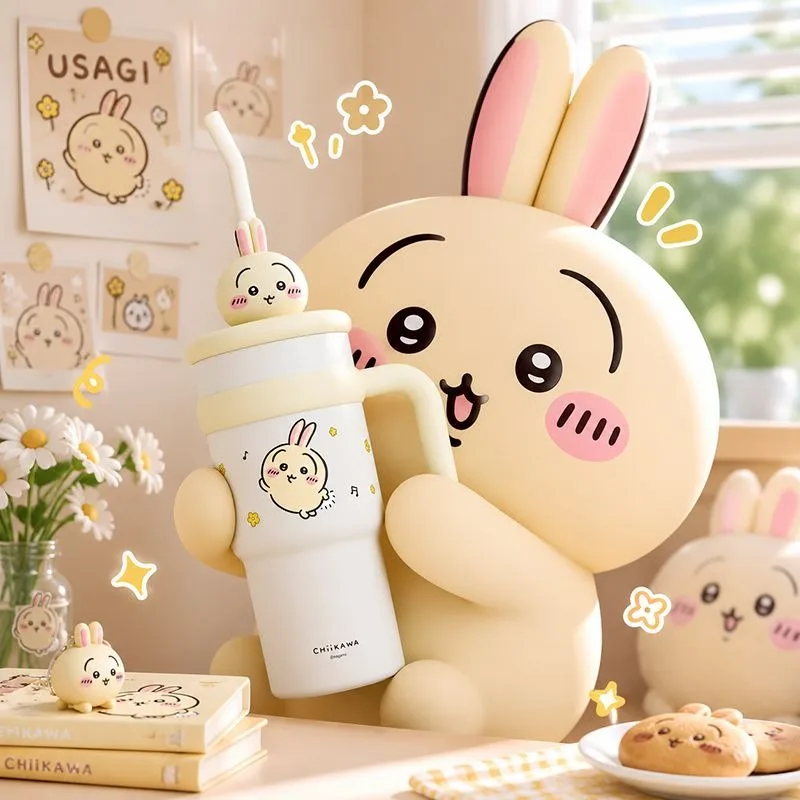 アニメ「チイカワ」うさぎのストローサーモカップ-大容量-316ステンレス製-保温保冷-食品に安全-お手入れ簡単-高品質
