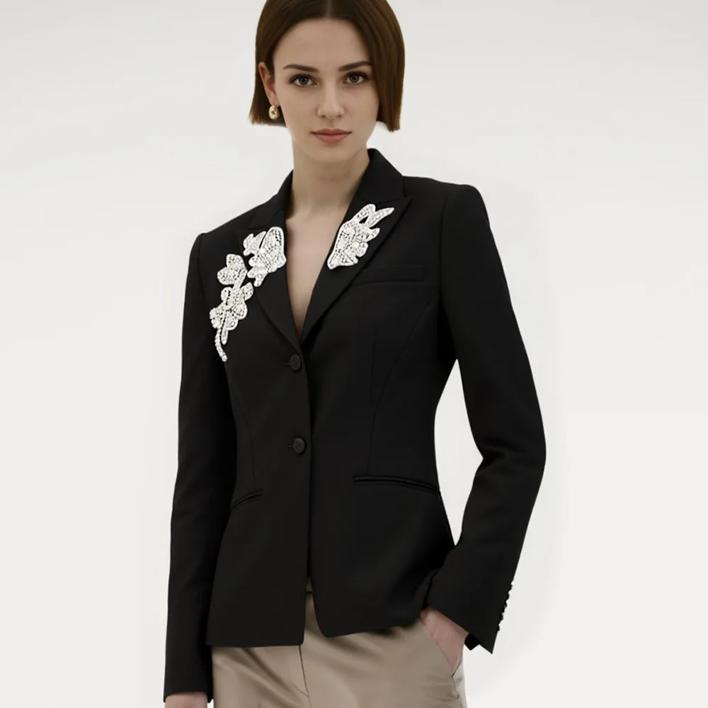 تخصيص أسود اثنين زر حبة صورة ظلية الخصر cinching دعوى سترة عالية الجودة المرأة الأعلى #1