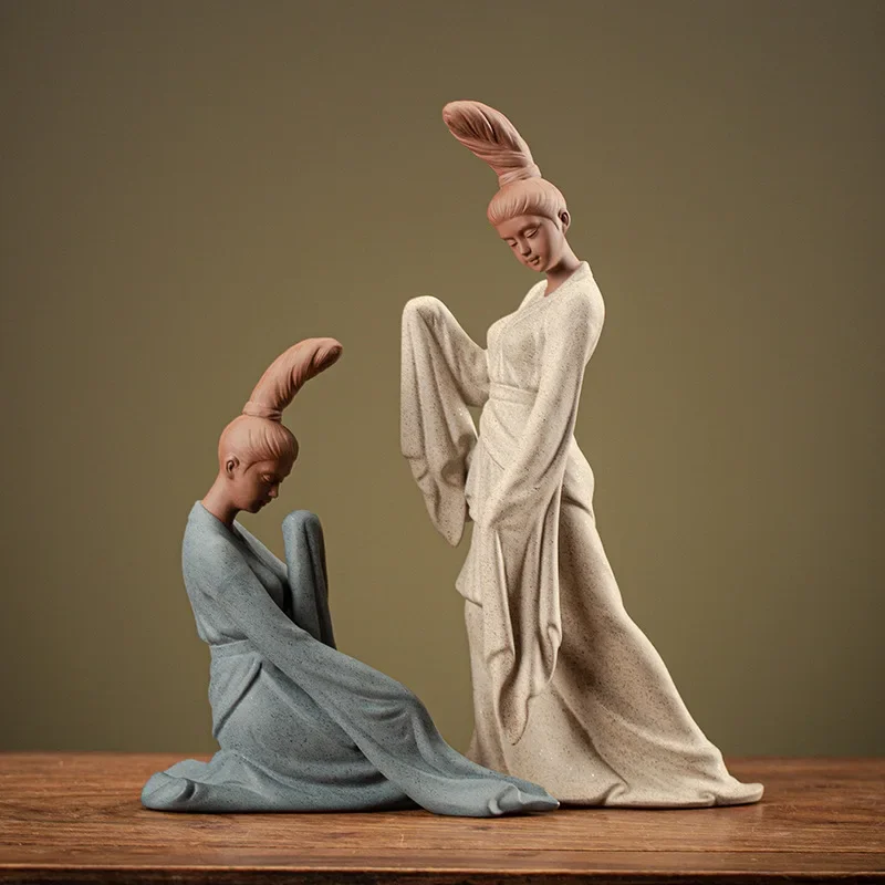 

Zen Chinese Ancient Dancing Ladies Beautiful Women Statues Figure Crafts Ceramic Purple Sand Tea Room Decorations Gift