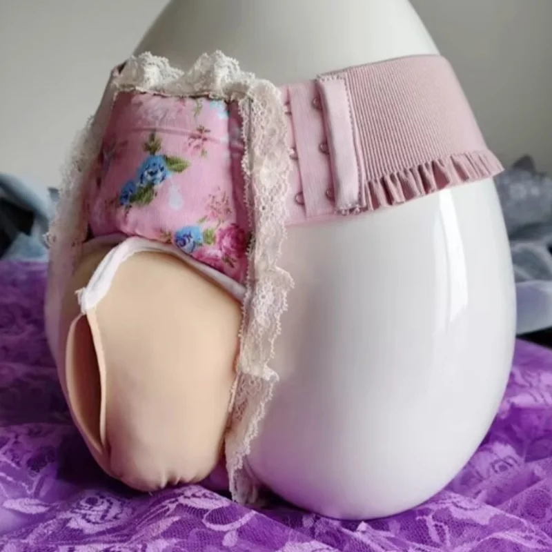 

Man Sexy Pink Floral Lace Thong Open Stocking Convex Pouch Briefs Filled Cotton Thick Puffy T-back Band Hygiene Panties BF Party
