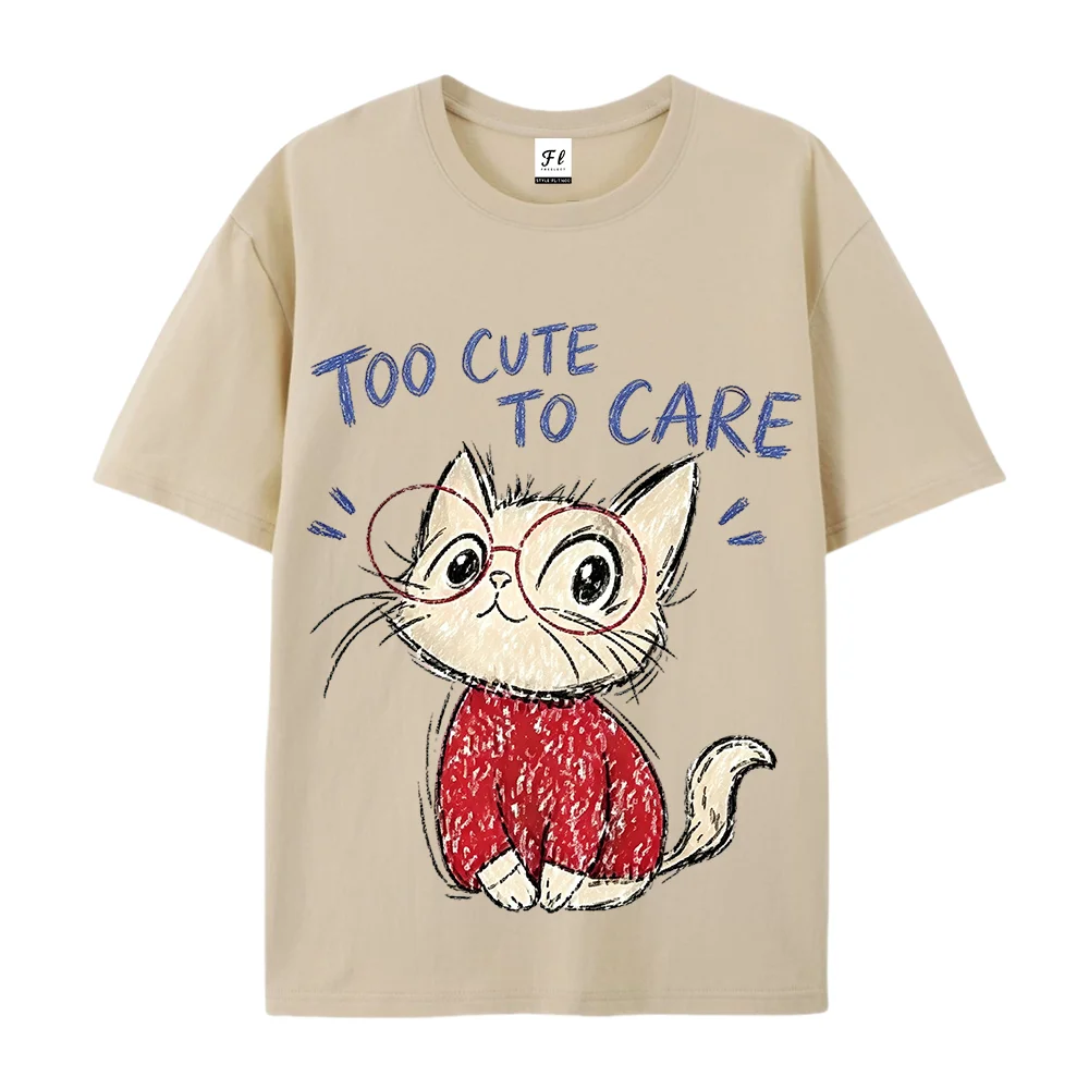 Too Cute To Care Cat T Shirt Funny Doodle Graphic Tees Vintage Loose Fit Cotton Short Sleeve Summer Tops Gift for Cat Lovers