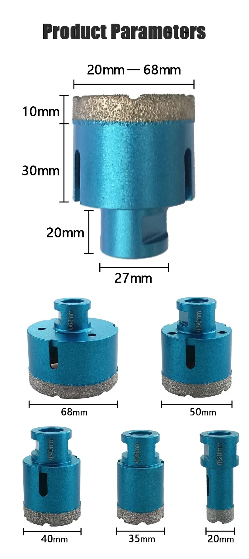 M14ドライダイヤモンドコアドリルビットセット、磁器、大理石、ガラス、花崗岩用ホールカップソーカッター切削工具
