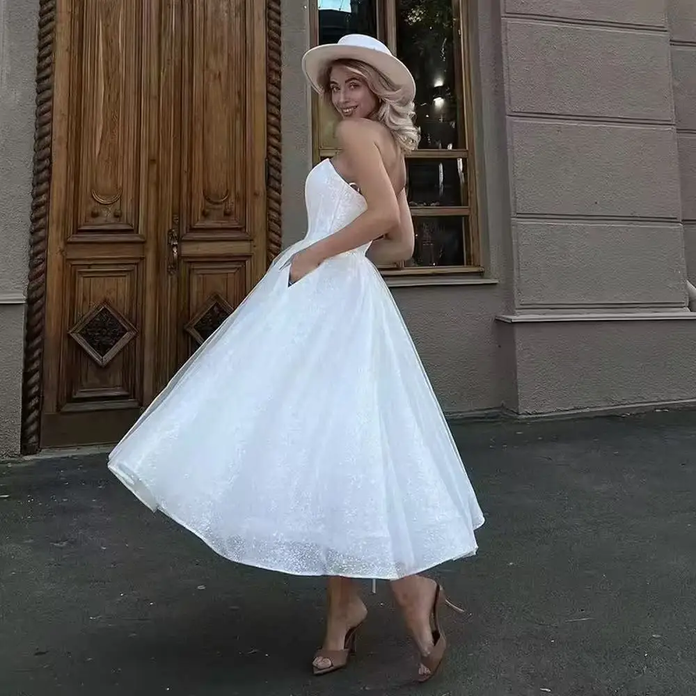Customized Glitter Wedding Dresses With Pockets Tea-Length Bride Dress Strapless Slit Sexy Dress For Women 2025 Robe De Mariee