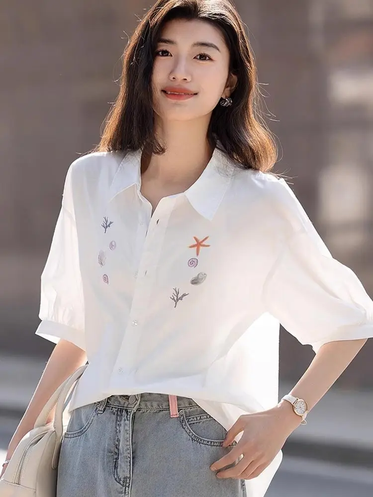 

Женская рубашка с принтом Ele, защита от солнца, свободный крой, модная, летняя, дышащая, с коротким рукавом