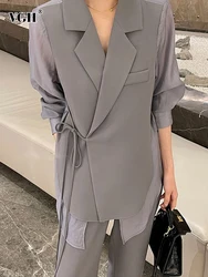 VGH Patchwokr Sheer Mesh Casual Blazers For Women Notched Collar Long Sleeve Spliced Lace Up Solid Chic Blazer Female Fashion