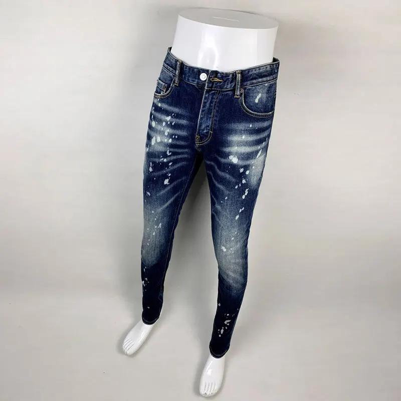 High Street Jeans Pria melar Slim Fit Vintage Jeans robek pria dilukis desainer Hip Hop celana merek Hombre