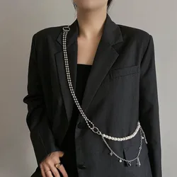 2024 New Arrival Fashion Double layer Crystal Pendant Pearl Waist Chain for Women Hip Hop rock Ins Style Suit Jewelry Accessory