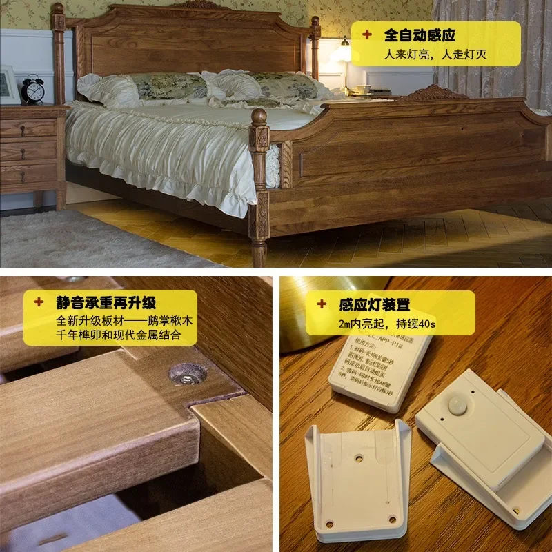 Lit de mariage américain tout en bois massif, chambre principale en chêne, avec capteur de lumière, lit de princesse simple et double rétro