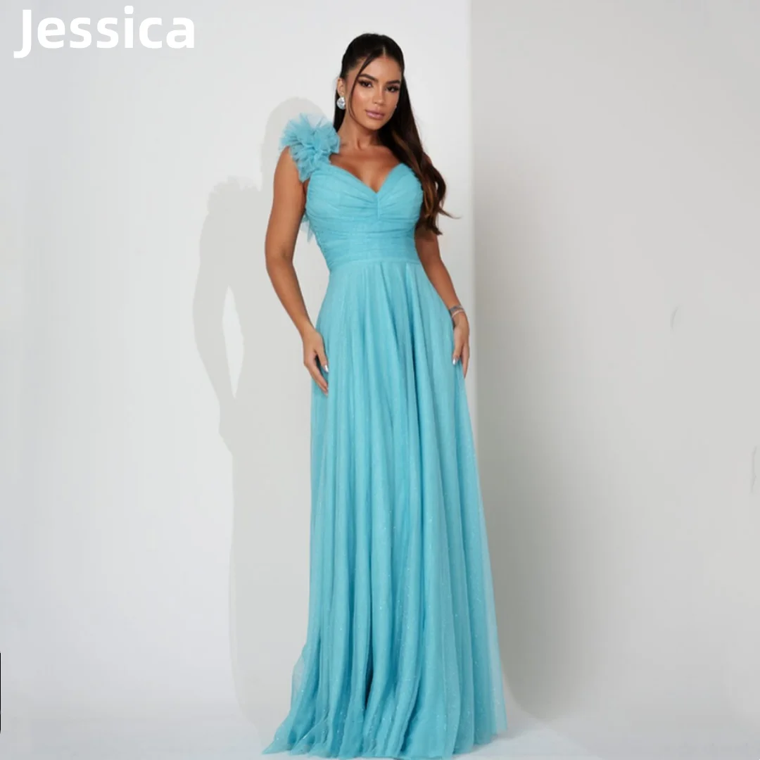 

Jessica Light Blue Prom Dress Glitter Tulle One Shoulder Evening Dresses Special Occasion Graduate Party Dresses Wedding Dress