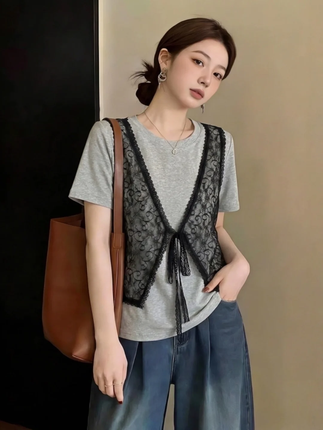 Gray Lace Splice Pure Cotton Short Sleeve T-Shirt Women Summer plus Size Loose Design Sensation Small Audience Top