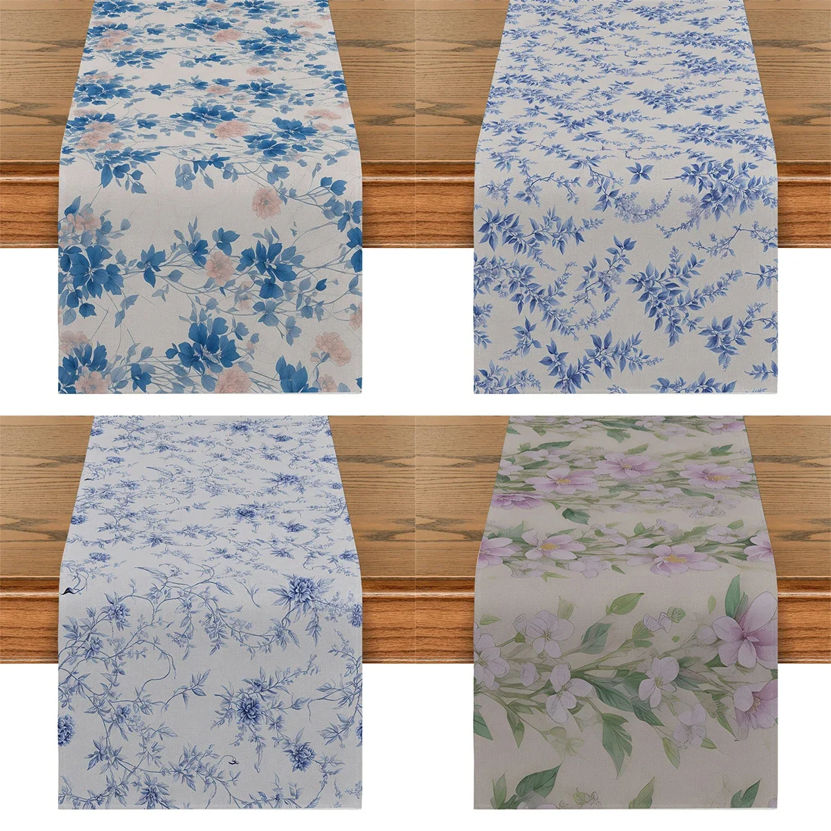 Blue Small Floral Print Table Flag Borderleaf Flower Table Runner Plant Home Kitchen Living Room Holiday Party Tables Decoration