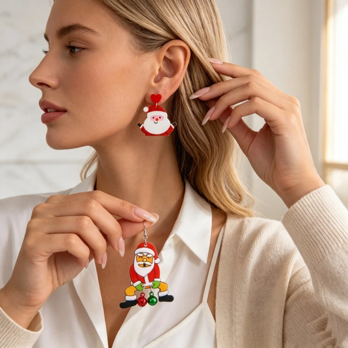 2 Paar/Set Cartoon Acryl Weihnachtsmann Weihnachts-Ohrhänger für Frauen Niedliche Sitzende Glocken Quasten Weihnachts-Ohrringe Neujahrs-Schmuck – Detail 8