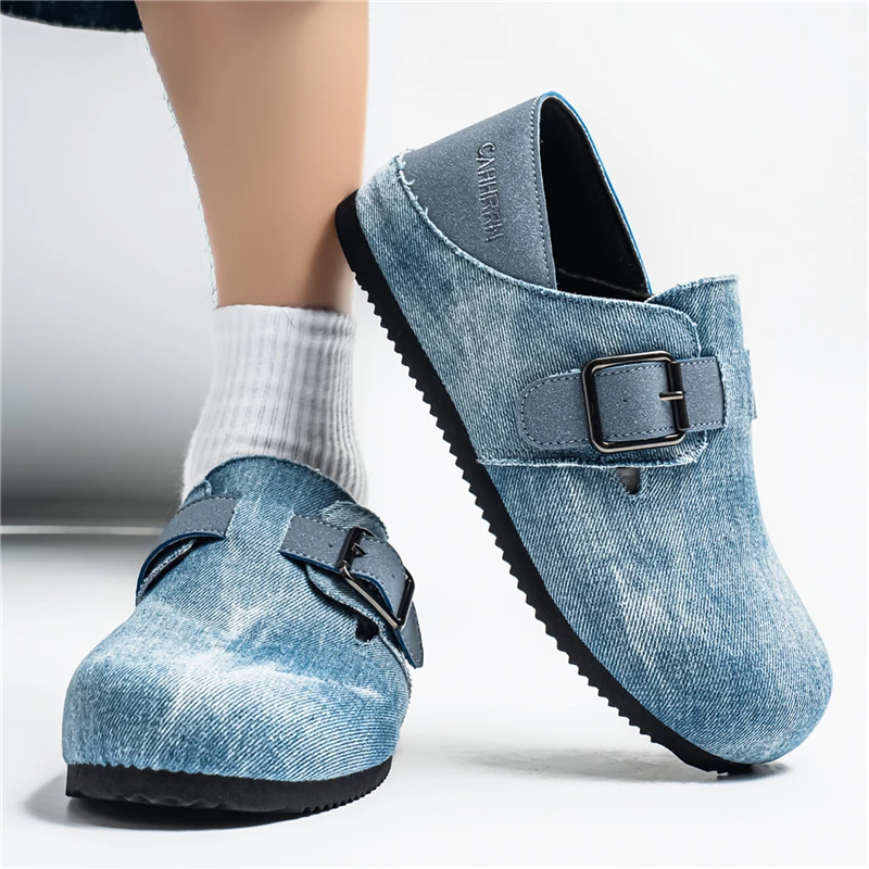 Summer Men Plus Size Closed Toe Mules, Dual Wear Vintage Washed Denim Shoes, Light Non-slip Slip-on Lazy Footwear