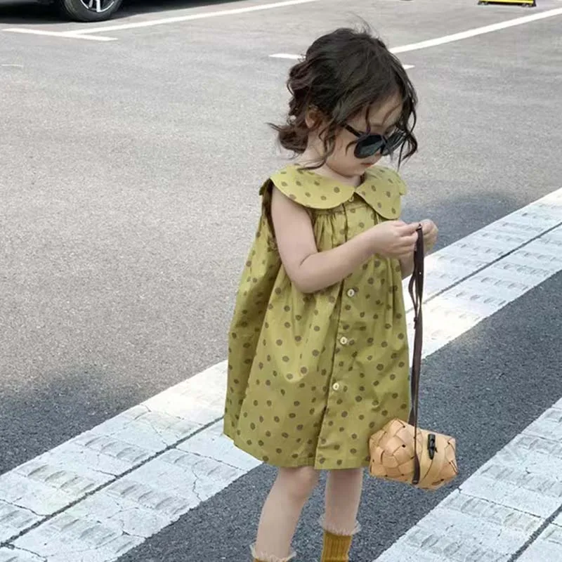 Baby Girls Dress Casual Patchwork Clothes Summer 2023 New Korean Cotton Linen Girls Princess Dress O-neck Collar Ruched Dress