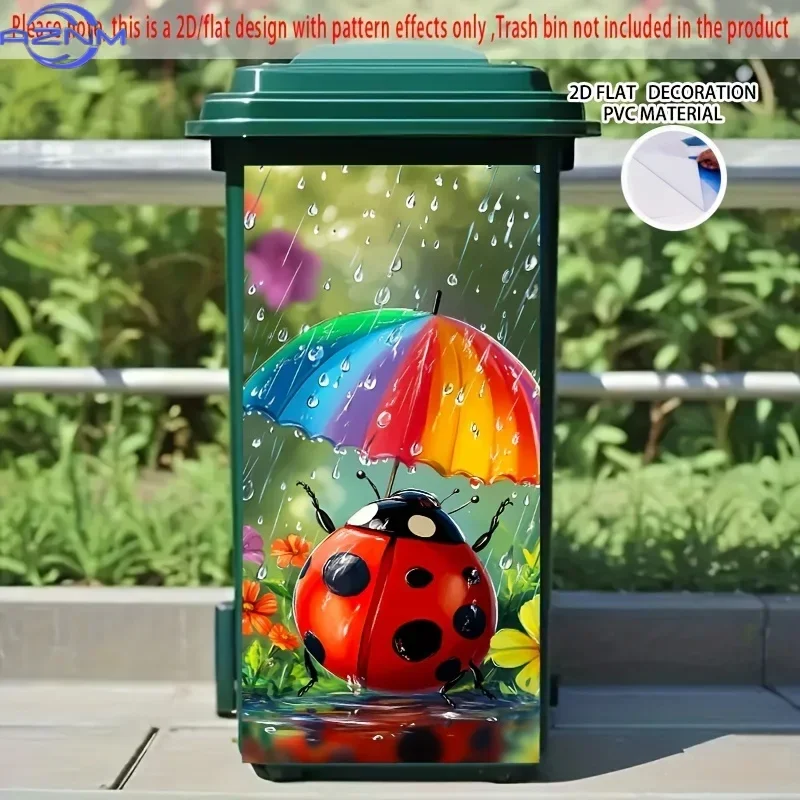 2D 1PCSelf-Adhesive Dustbin Sticker - Adorable Ladybug Under Rainbow Umbrella in Rain, Vibrant Cheerful PVC Decal () for Trash