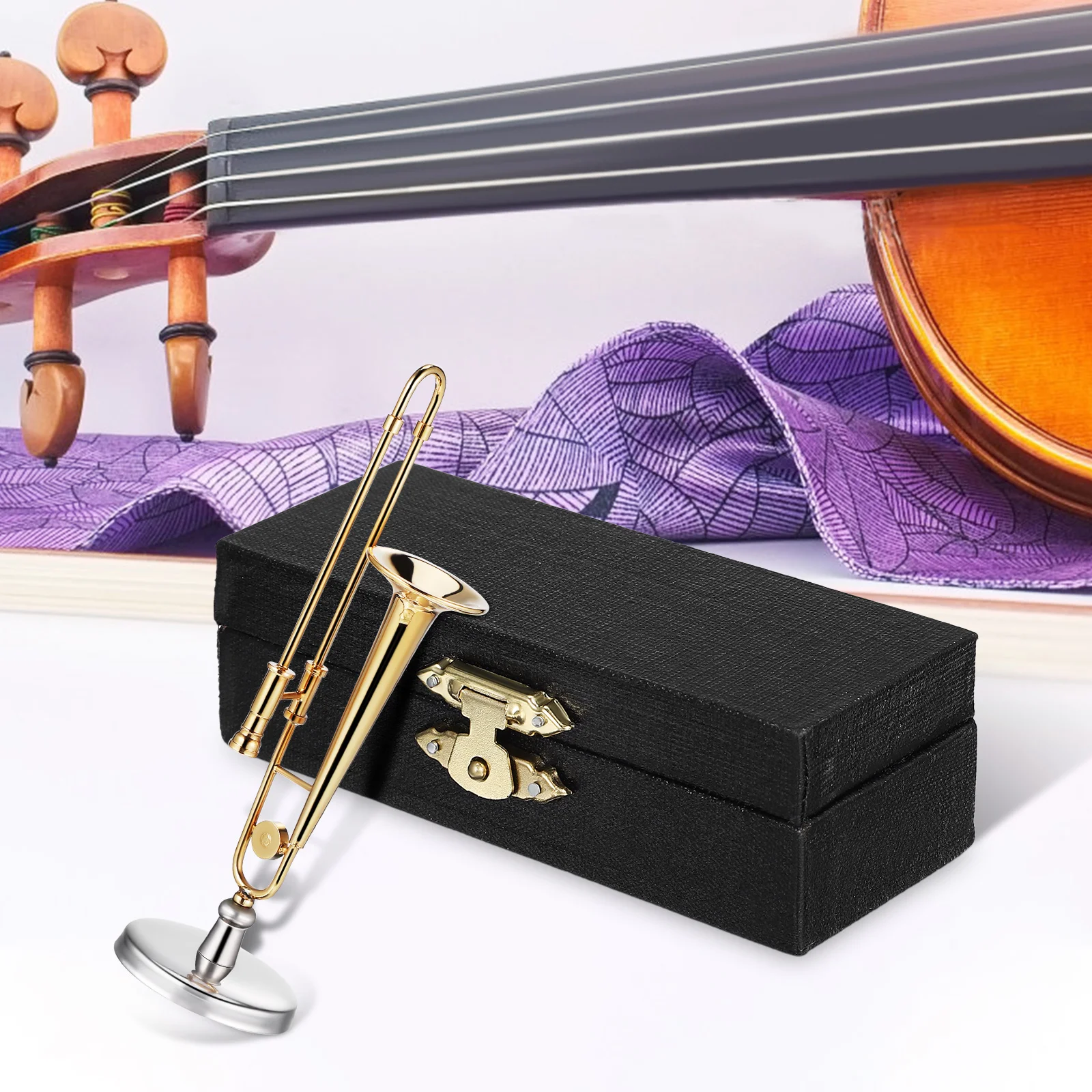 Mini Trombone Model Miniature Tiny Copper Dollhouse Musical Instruments Decoration Ornaments Figure Kids Toys