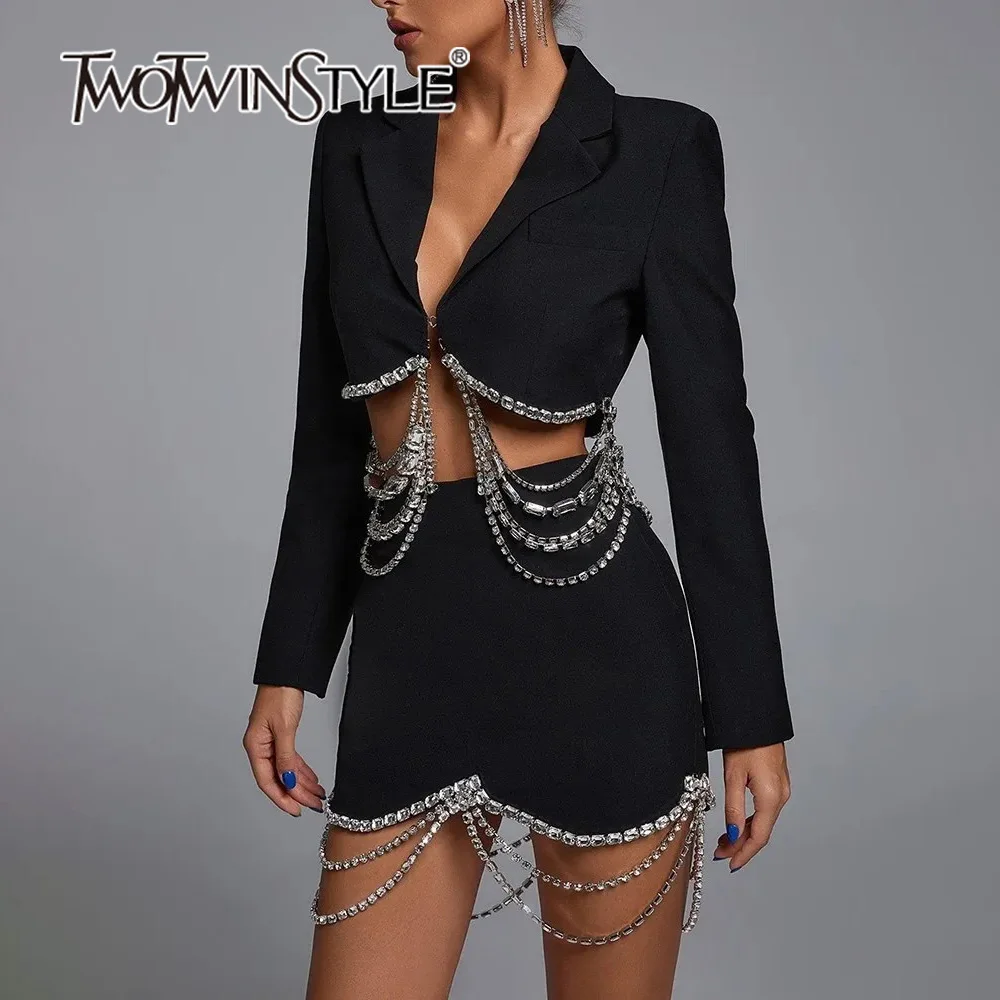 TWOTWINSTYLE Spliced Diamonds Two Piece Sets For Women Lapel Long Sleeve Tops High Waist Skirt Sexy Set Female Fashion Clothing