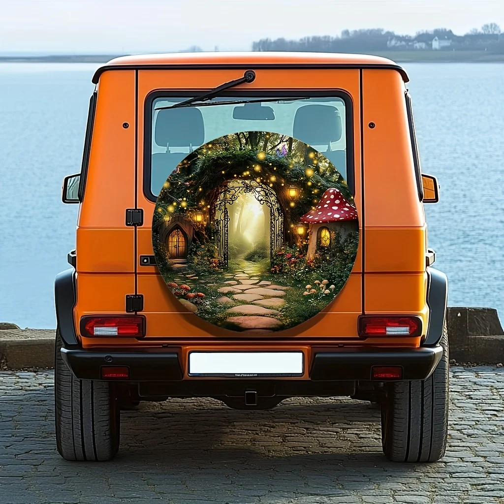1pc Enchanted Forest Mushroom House Tire Cover - Easy Install, Machine Washable Polyester Fabric, Fit For Mountain & Travel Use,