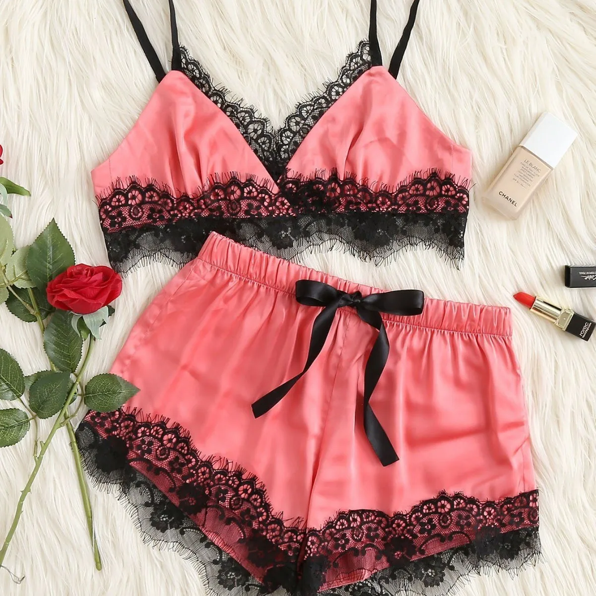 

1 комплект нижнего белья, сексуальный комплект с бюстгальтером, женская одежда для сна без рукавов, с кружевной отделкой, атласные топы на бретельках, пижамные комплекты, бюстгальтеры, женские короткие комплекты