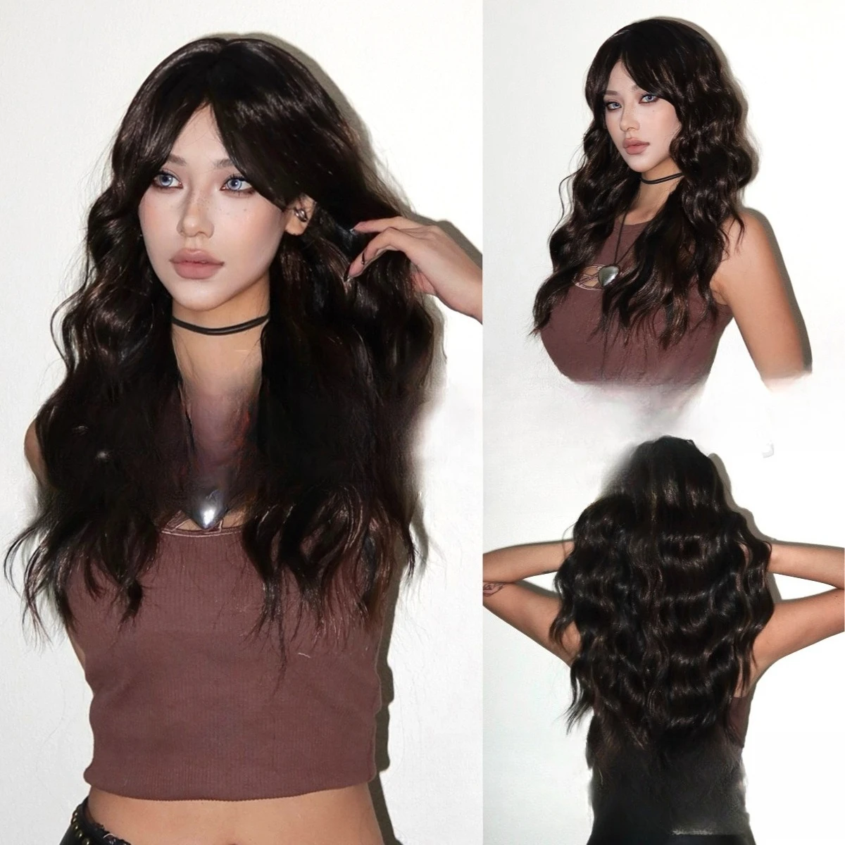 

New wig brown highlights full head cover eight-character bangs long curly hair chemical fiber women's high temperature resistant