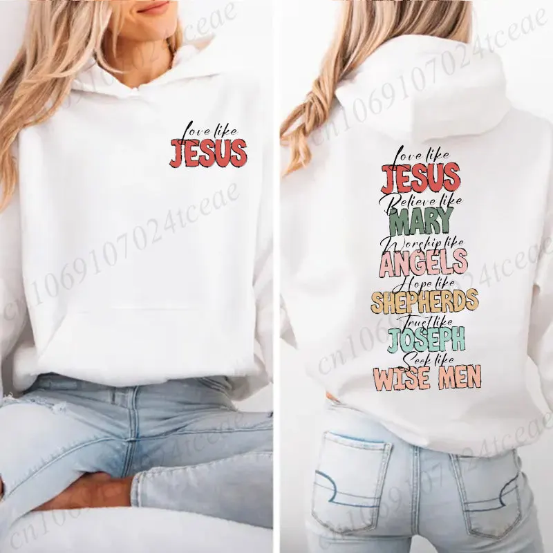 Retro Religious Christmas Hoodies Love Like Jesus Faith Graphic Sweatshirts Bible Verse Xmas Holiday Hoodies Santa Claus Gifts