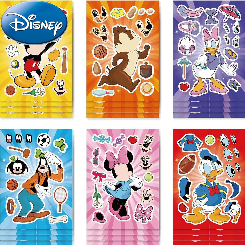 

6/12sheets Disney Mickey Mouse Cartoon Puzzle Stickers Make A Face Children DIY Funny Assemble Jigsaw Decals Kids Party Gift Toy