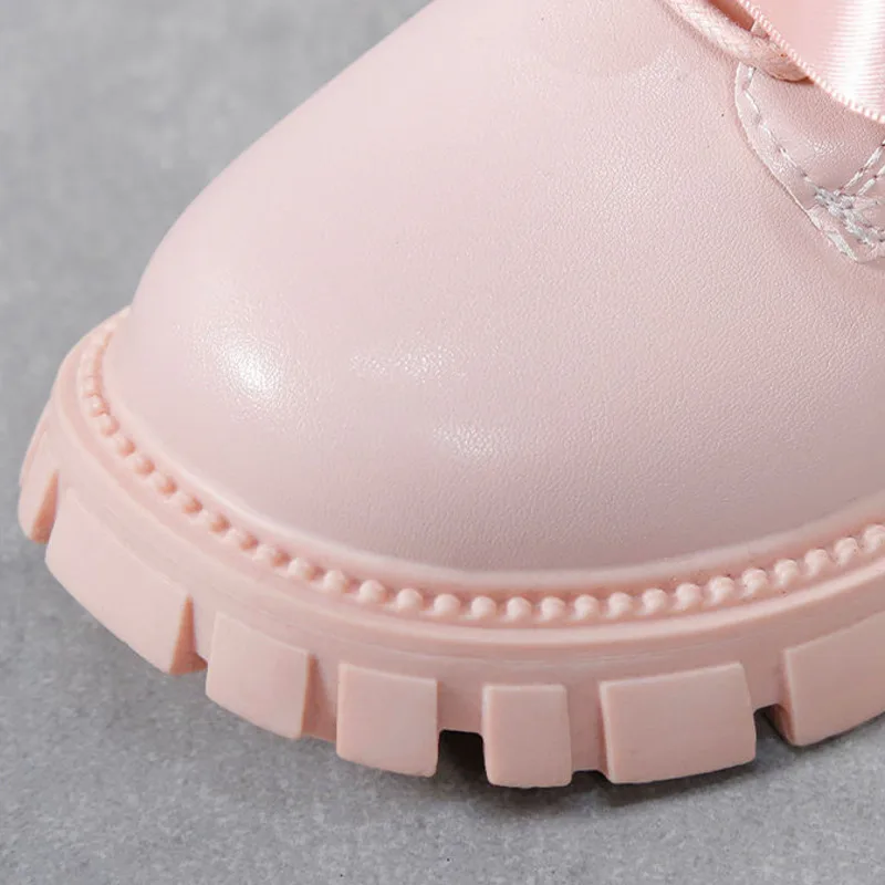 Design Ribbon Bow Pearl Girls Princess Boots Solid PU Leather Zip Children Fashion Boots 2023 Non Slip Kids Knee High Shoes