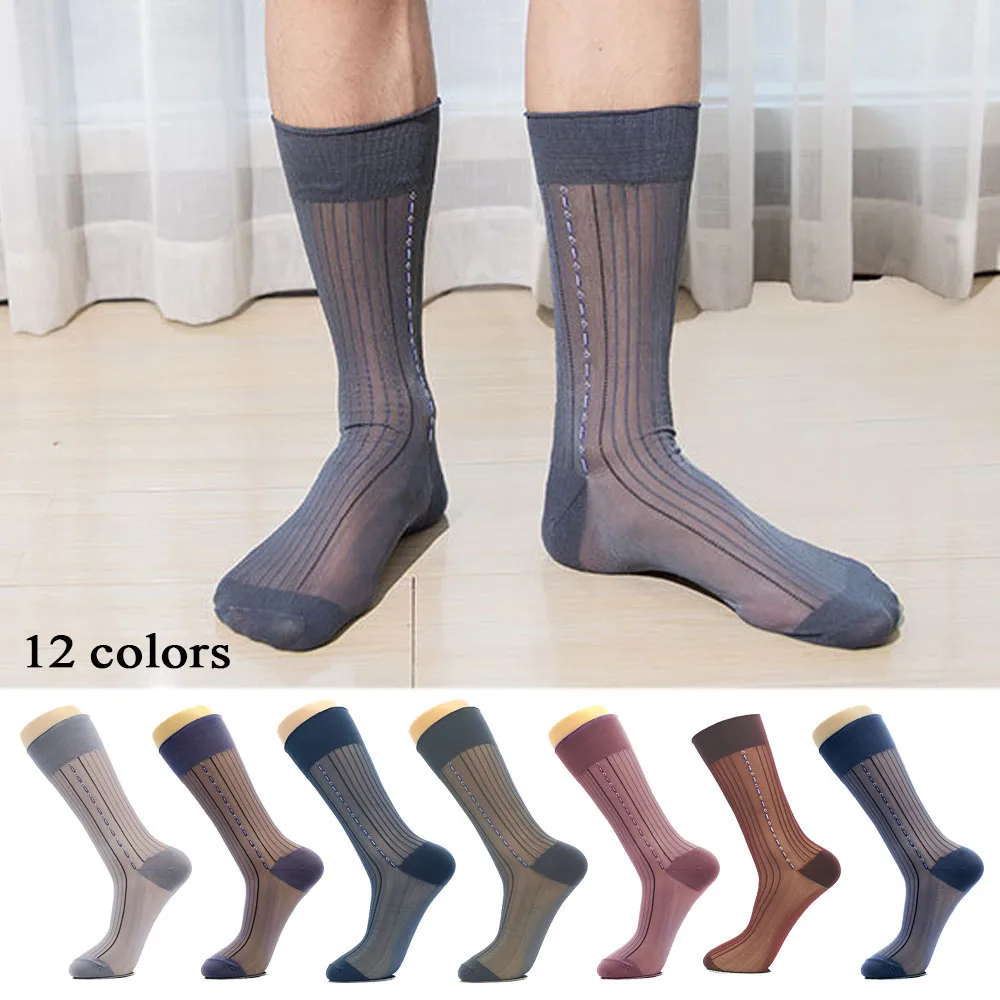 1 Pairs Men Silk Socks Middle Tube Nylon Long Socks Stocking Breathable Hosiery Business Dress Crew Socks Jacquard Casual Socks