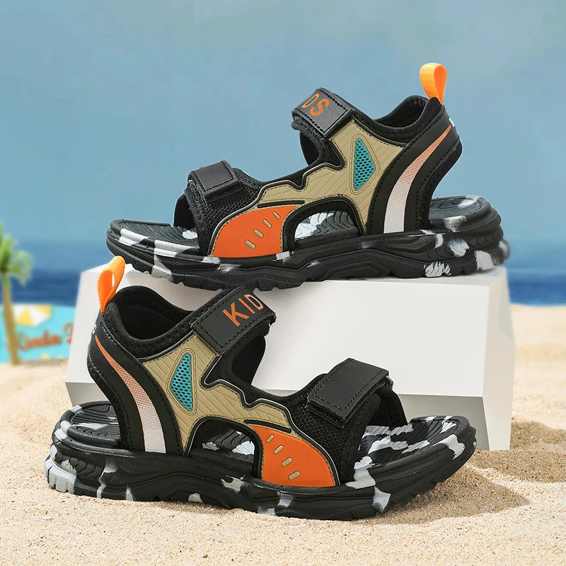 

Детские сандалии, новые летние дышащие амортизирующие сандалии на плоской подошве, повседневная одежда, уличные кожаные пляжные сандалии для детей