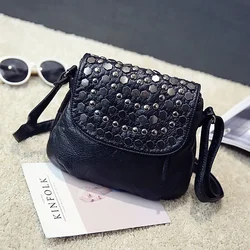 Soft Washing PU Leather Shoulder Bags for Women Black Color Rivet Handbag Crossbody Purse Female Flap Messenger Bags Pack