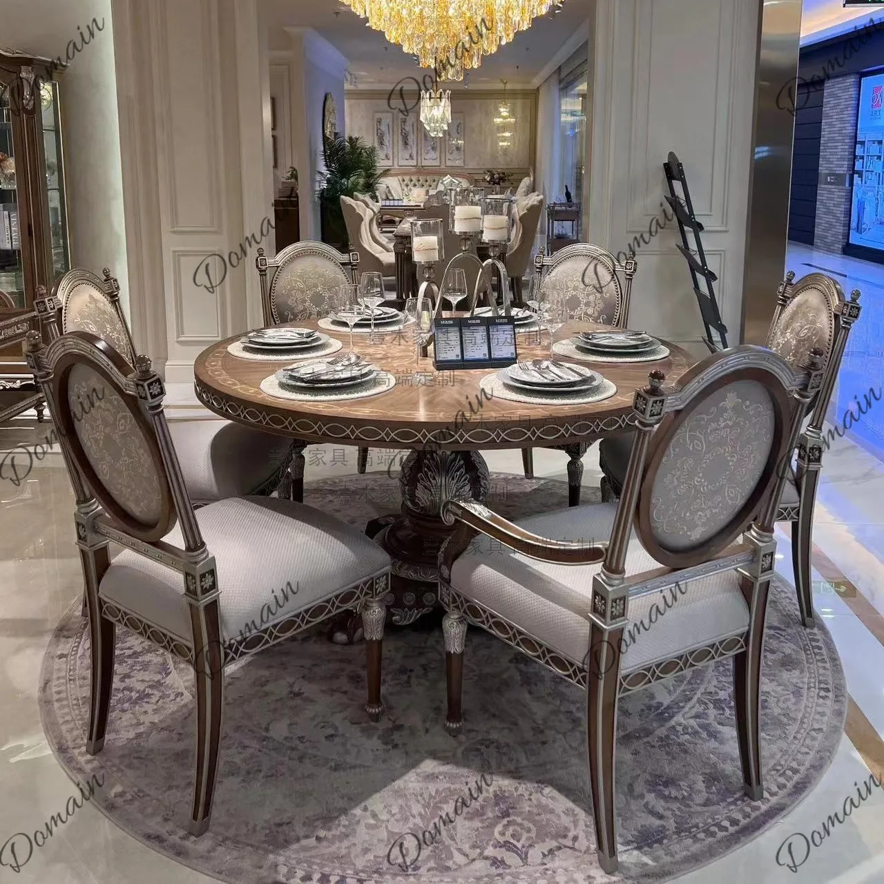 Home French European hand-carved Windsor Castle series dining table and chairs solid wood furniture round