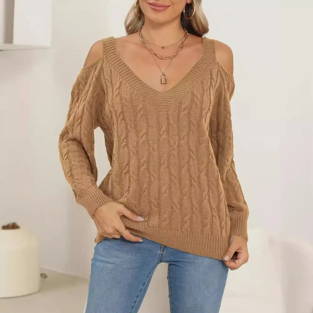 

Women's Deep V Neck Loose Pullover Sweater Sexy Shoulder Detail Woven Base Shirt European American Style Top M672