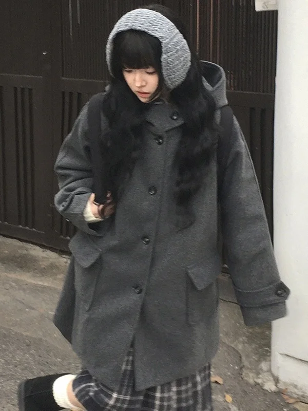 Chic hiver Aosphere rétro collège Sle à capuche simple bouton coton laine manteau femmes nouveau Faion Thiened Long Sve
