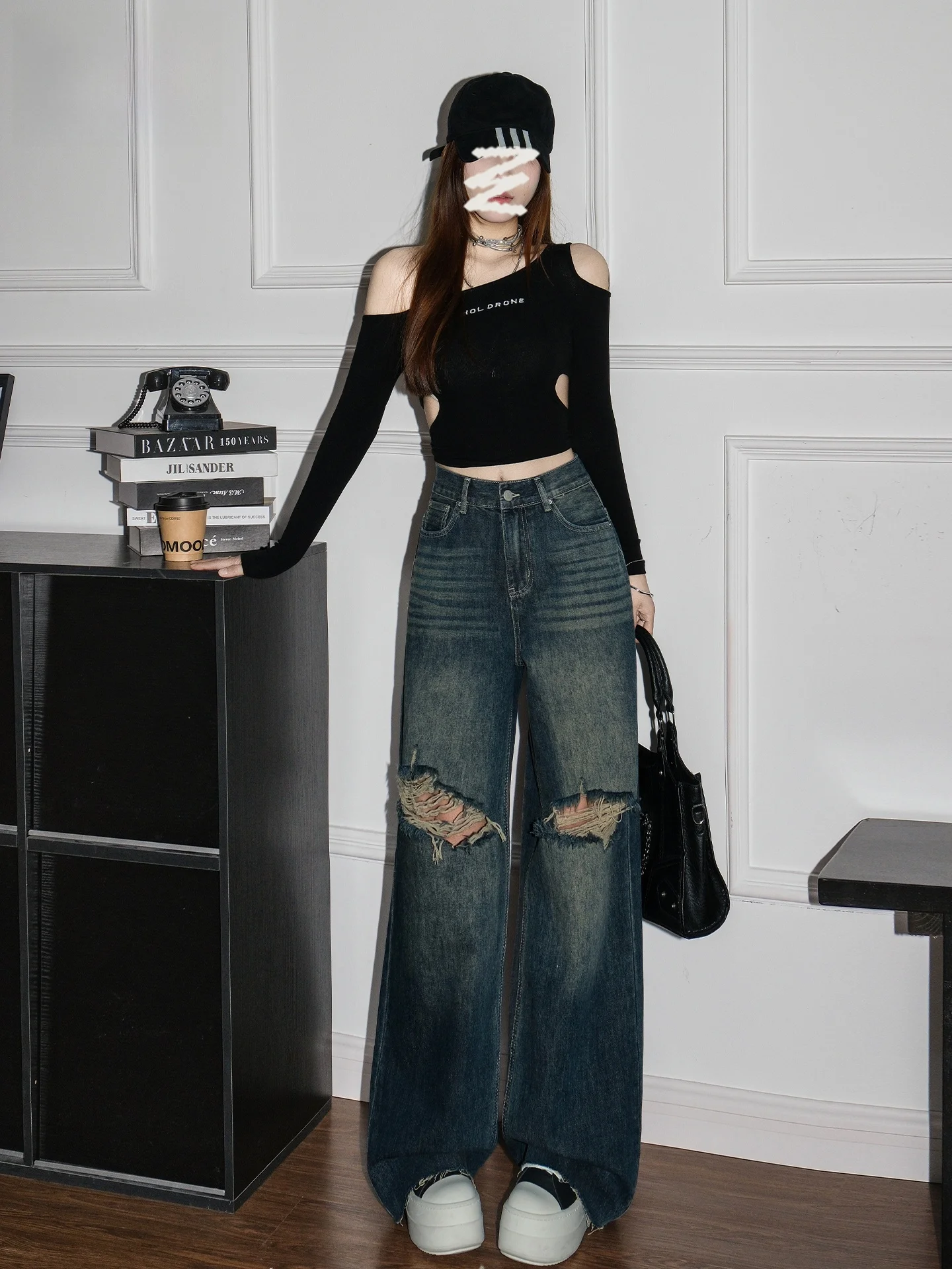 

Женские джинсы в американском стиле с высокой талией, свободного кроя, с дырками, потертые, весна-лето, повседневные, из смесового хлопка и полиэстера