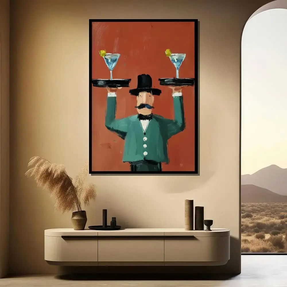 Vintage Waiter HD Wall Art Poster Oil Painting Beverage Art Retro Wine Glass Bar Decor Funny Kitchen Dining Room Home Gift