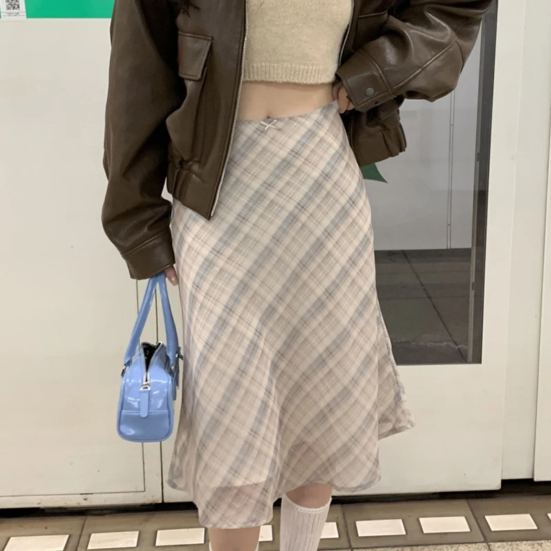 

Chic High Waist Plaid Color Blo Fi Tail Skirt Women's mid Length Spring Vintage Retro Versatile f Body Skirts
