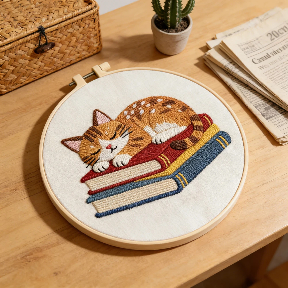 Embroidery Kit Cat Book DIY Cross Stitch Kits Kitten Animal Artwork Sewing Supplies With Printed Fabric Canvas Handmade Gift