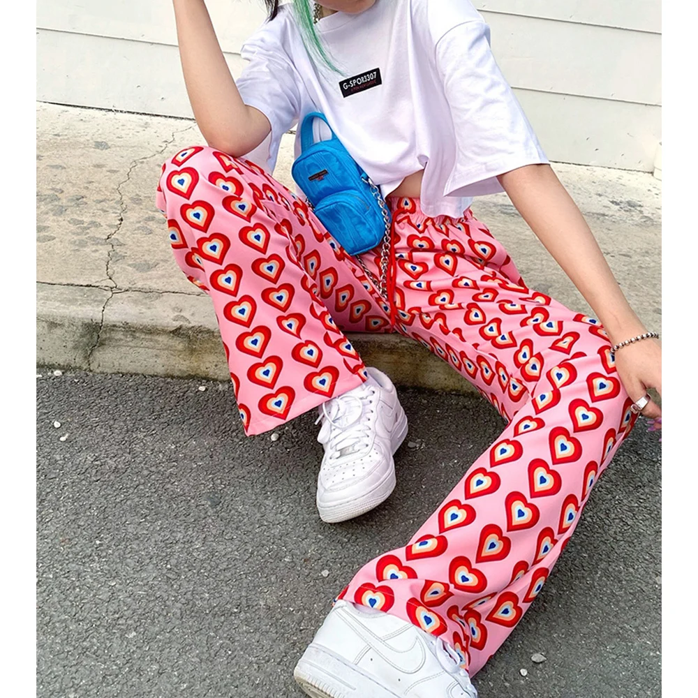 Missnight Pink Pants Heart Printed Straight Elastic High Waist Pants Drawstring Fashion Pants Streetwear Vintage 2023 Harajuku