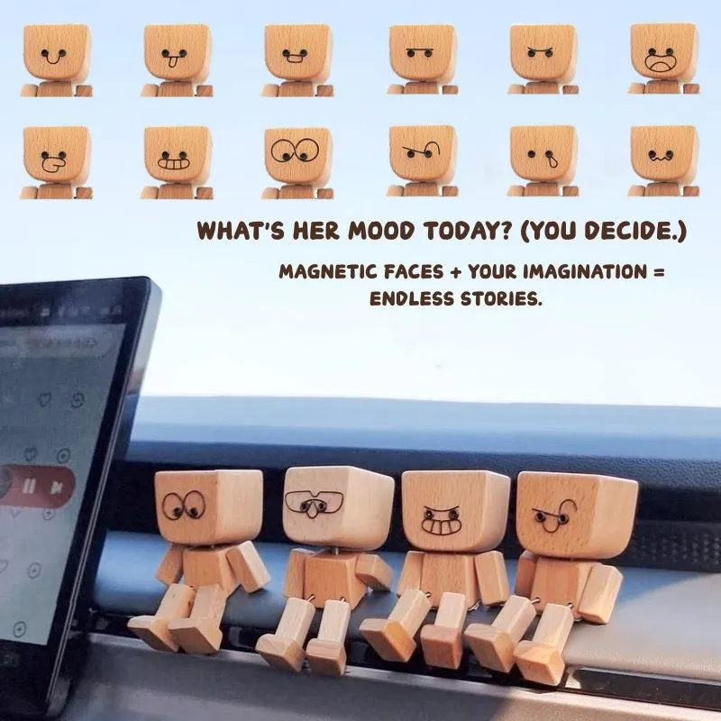 جديد يهز رجل خشبي تمثال سيارة الديكور الحلي الصغيرة الساق يتأرجح روبوت تمثال لطيف الخشب رجل سيارة هدايا إبداعية جيدة