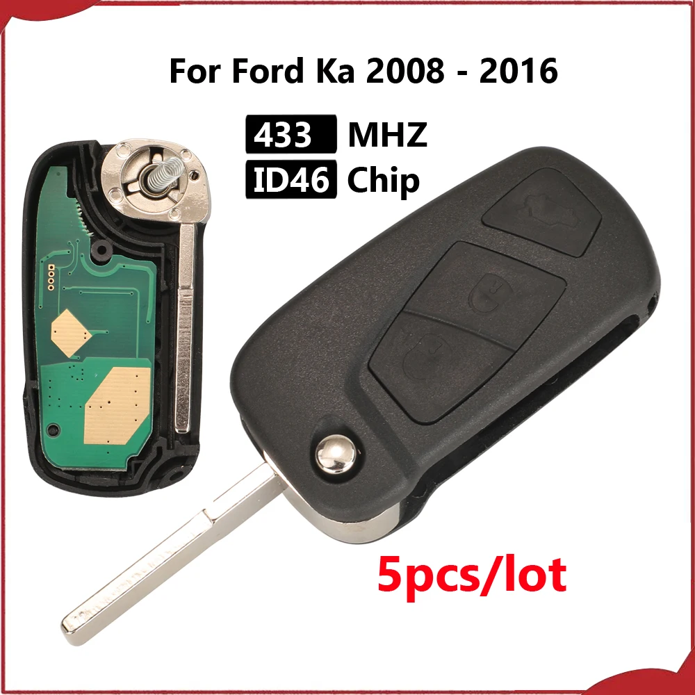 jingyuqin New 5pcs 3 Button 433MHZ ID46 PCF7946 Chip Folding Remote Car Key For Ford Ka 2008 - 2016 With Uncut Blank SIP22 Blade