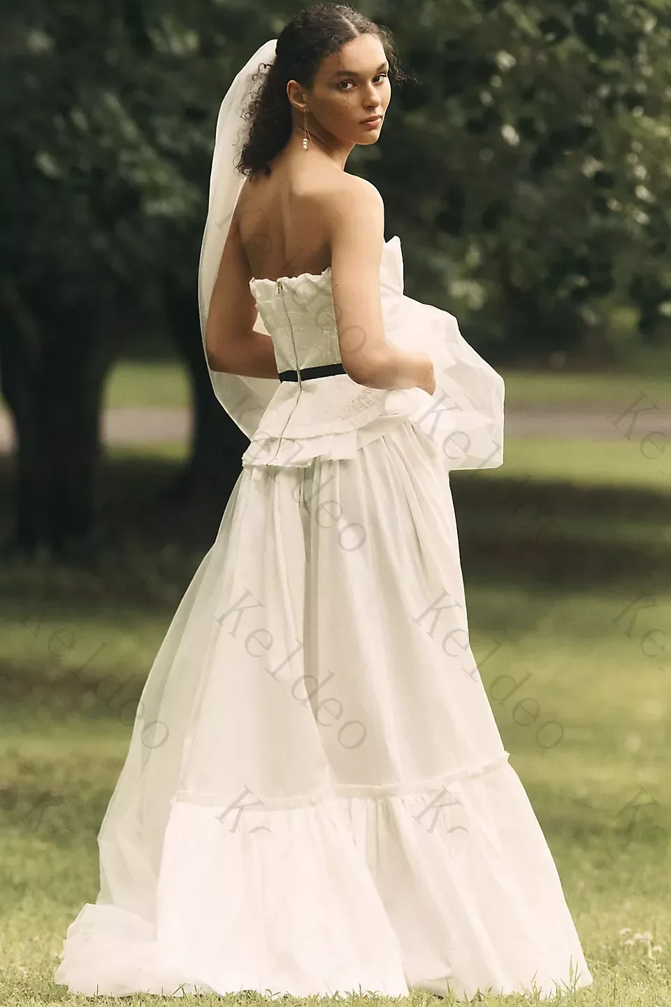 Customized A‑line Wedding Dress Strapless Notched Neck Ruffled Tiered Skirt Black Sash Belt Linen‑like Floor‑Length Bridal Gowns